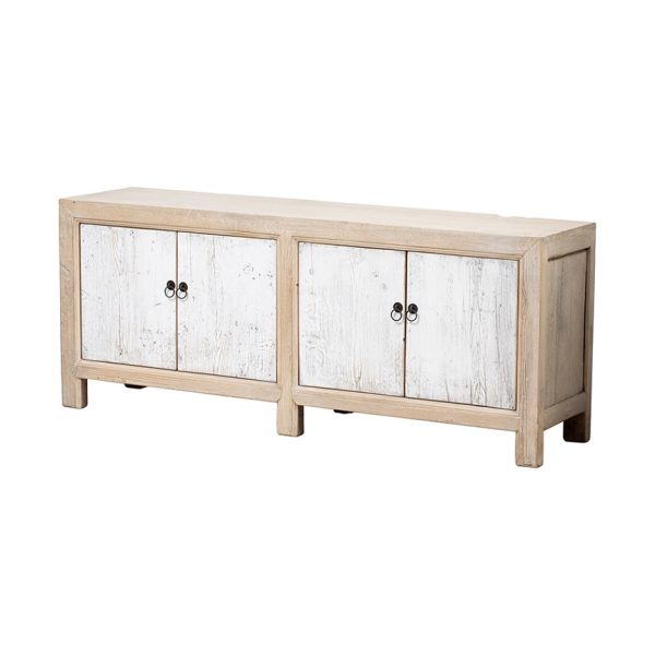 Mueble de televisión diseño rústico oriental madera acabado natural puertas en blanco