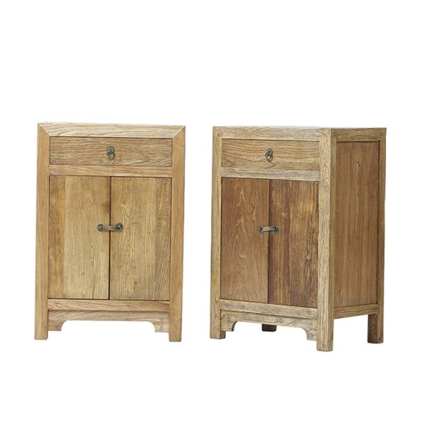 Pareja mesitas de noche diseño rústico oriental madera acabado natural con desgastes