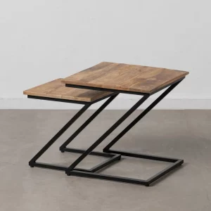 Set 2 mesas auxiliares cuadradas de diseño vintage industrial Ø50_40 madera de mango acabado natural y hierro color negro