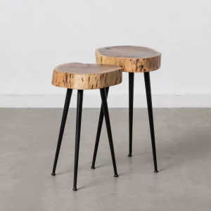 Set 2 mesas auxiliares redondas de diseño rústico industrial Ø38_33 madera de acacia acabado natural y hierro color negro