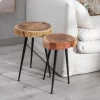 Set 2 mesas auxiliares redondas de diseño rústico industrial Ø38_33 madera de acacia acabado natural y hierro color negro 7
