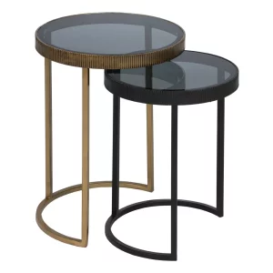 Set 2 mesas auxiliares redondas de diseño vintage Art Decó Ø40_35 cristal y hierro color negro y dorado
