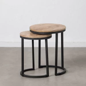 Set 2 mesas auxiliares redondas de diseño vintage industrial Ø41_36 madera de mango acabado natural y hierro color negro