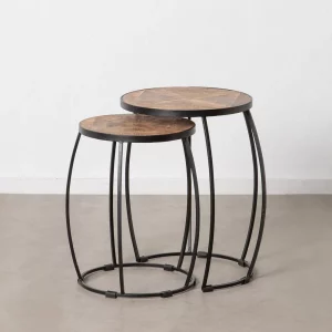 Set 2 mesas auxiliares redondas de diseño vintage industrial Ø48_41 madera de mango acabado natural y hierro color negro