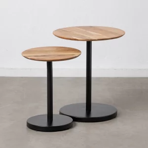Set 2 mesas auxiliares redondas de diseño vintage industrial Ø50_40 madera de acacia acabado natural y hierro color negro