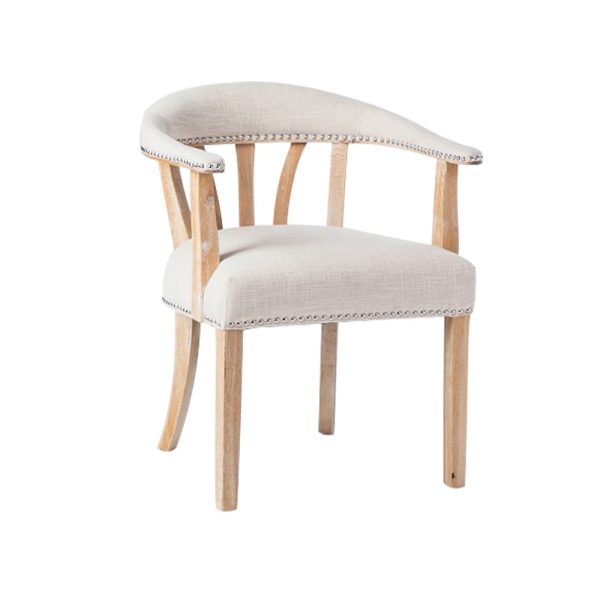 Sillón con reposabrazos diseño clásico madera roble, lino beige y tachuelas