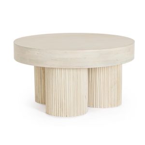 DACCA Mesa de centro redonda diseño moderno madera blanco patas cilíndricas estriadas