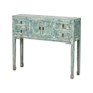 GK758 Consola diseño rústico oriental madera azul con desgastes