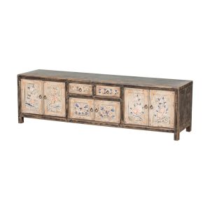 GK767 Mueble televisión diseño rústico oriental madera con desgastes y flores