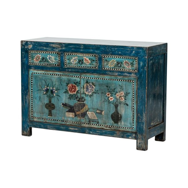 GK772 Aparador diseño oriental madera azul con desgastes y dibujos flores