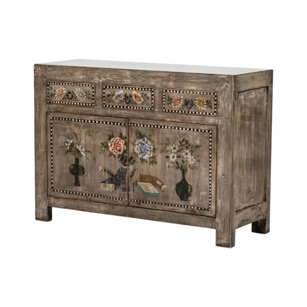 GK773 Aparador diseño oriental madera acabado desgastado con flores