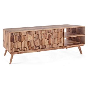 KANT Mueble televisión diseño nórdico vintage madera natural con tallas hexagonales