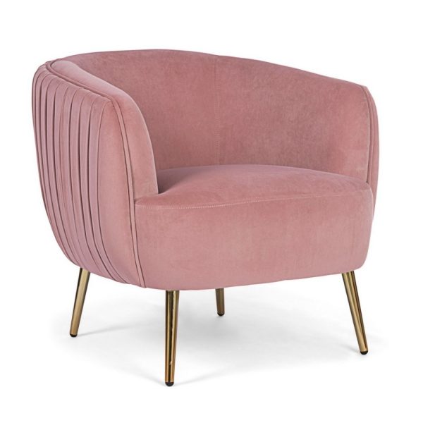 LINSAY Sillón butaca diseño vintage Art Decó terciopelo rosa y patas acero dorado