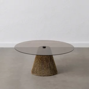 Mesa de centro de diseño rústico vintage Ø80 hierro cristal y fibra natural