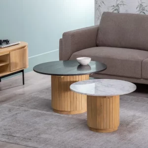 Set de 2 mesas de centro de diseño contemporáneo Ø75_60 madera de mango acabado natural y mármol negro y blanco 6