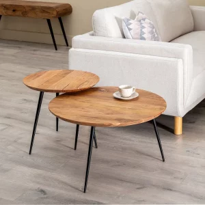 Set de 2 mesas de centro de diseño industrial Ø70_50 madera acabado natural y hierro 5