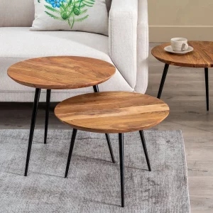 Set de 3 mesas de centro de diseño industrial Ø50 madera acabado natural y hierro 2