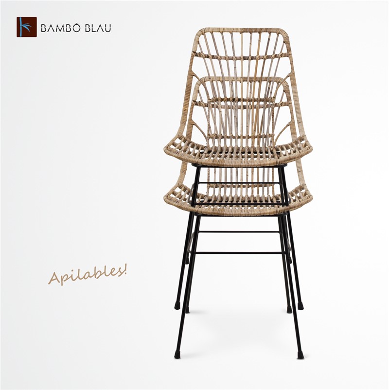 Silla de diseño vintage PENELOPE en ratán natural y hierro color negro 6