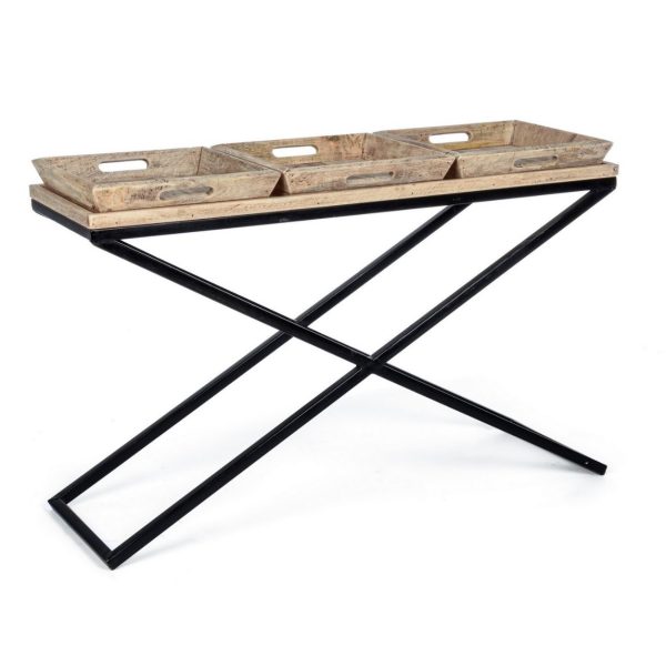 TRAY Consola diseño vintage industrial 90 madera y acero bandejas extraíbles