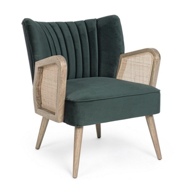 VIRNA Sillón butaca diseño vintage madera y tapizado verde con ratán en reposabrazos