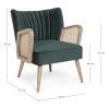 VIRNA Sillón butaca diseño vintage madera y tapizado verde con ratán en reposabrazos