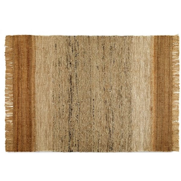 10607 Alfombra rectangular diseño étnico yute y lana tonos marrón con flecos