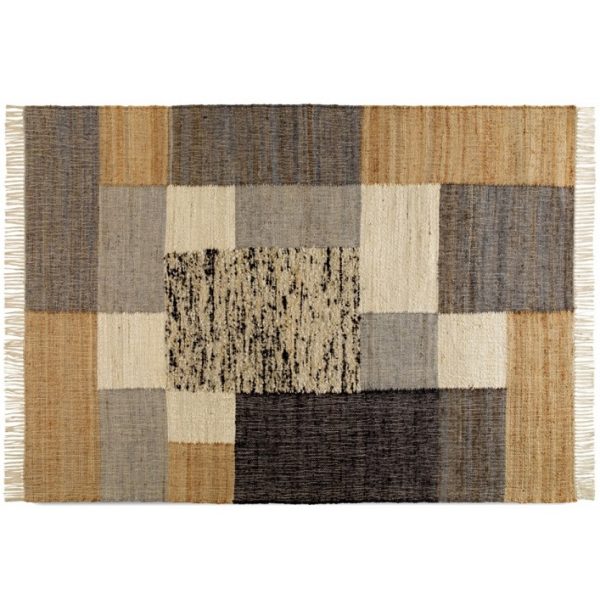 10631 Alfombra rectangular diseño moderno yute, lana y algodón tonos marrones con flecos