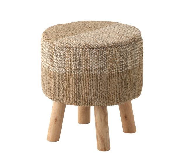 10639 Puff redondo 40 patas de madera con tapizado yute y algodón marrón y beige