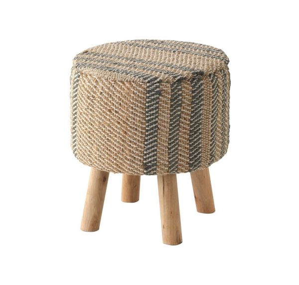 10642 Puff redondo 40 patas de madera con tapizado yute y algodón colores beige y verde