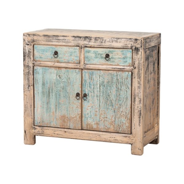 GK491 Aparador diseño rústico oriental madera azul y negro con desgates