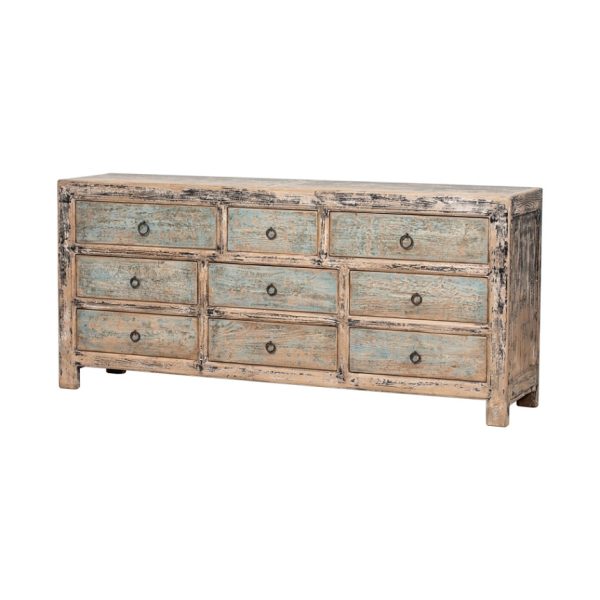 GK655 Cómoda gran tamaño 9 cajones diseño rústico oriental madera con desgastes