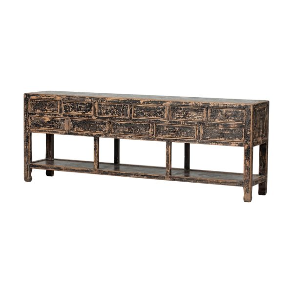 GK737 Consola gran tamaño diseño rústico oriental madera negro acabado desgastado