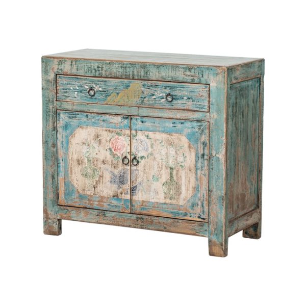 GK771 Aparador pequeño diseño rústico oriental madera azul desgastes y dibujos