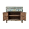 GK771 Aparador pequeño diseño rústico oriental madera azul desgastes y dibujos