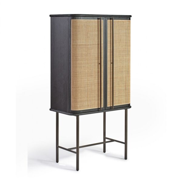 KRON-2 Armario de patas altas de diseño vintage madera roble oscuro y puertas ratán