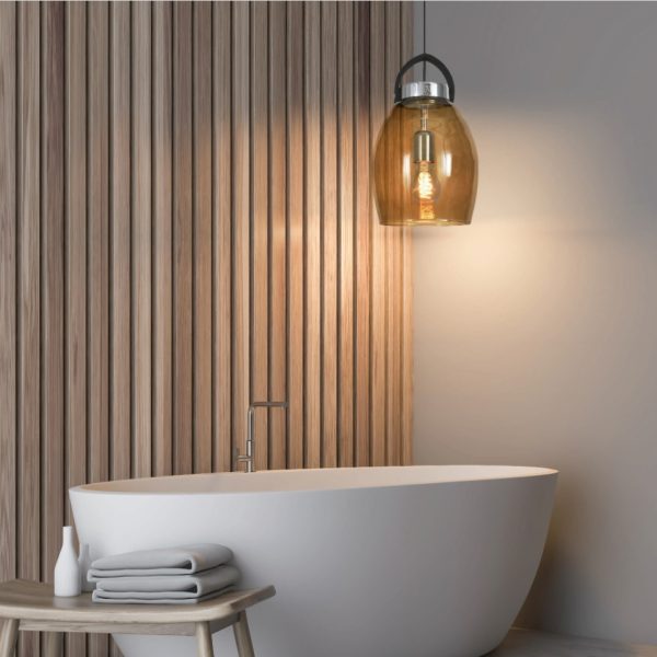 LANTERN Lámpara diseño vintage 35 acero cromo, pantalla de cristal fumé y asa de neopreno