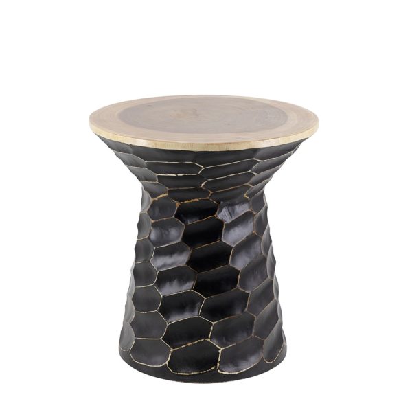 Mesa auxiliar de diseño vintage étnico Ø45 hecho a mano madera de suar con relieve