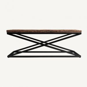 Mesa de centro de diseño rústico industrial AKRON 120 madera de teka acabado natural y acero color negro
