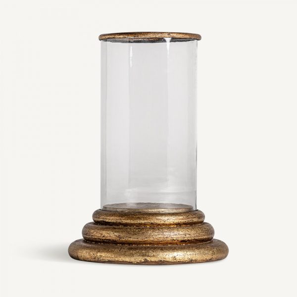 Portavelas de diseño clásico 39 madera de mango hierro y cristal acabado oro viejo
