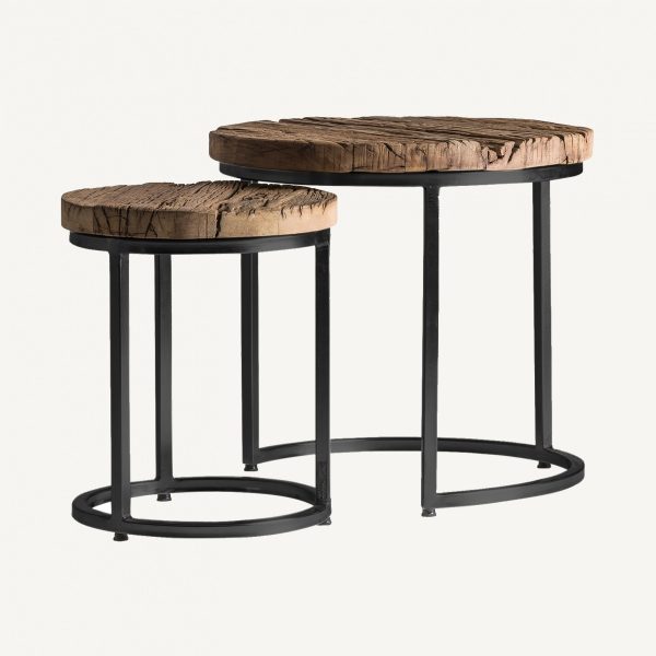 Set de 2 mesas auxiliares de diseño rústico industrial AKRON 52_37 madera de teka acabado natural y hierro color negro