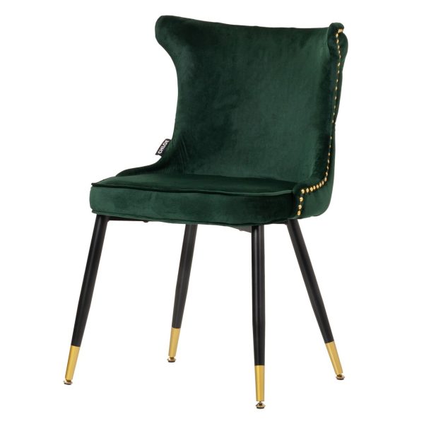 Silla de diseño Art Decó ASPEN tapizado capitoné terciopelo verde con tachuelas y patas de metal color negro y dorado