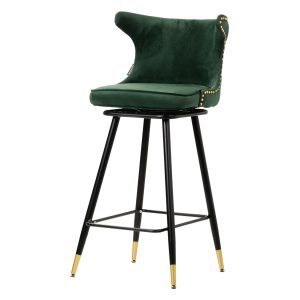 Taburete alto de diseño Art Decó CLINTON tapizado capitoné terciopelo verde con tachuelas y patas de metal color negro y dorado