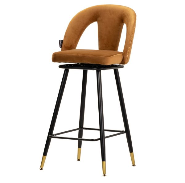 Taburete alto de diseño vintage HARBOR terciopelo mostaza con tachuelas y patas de metal color negro y dorado