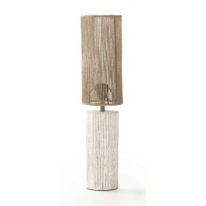 10680 Lámpara de sobremesa diseño étnico base cilíndrica madera blanco y pantalla de yute