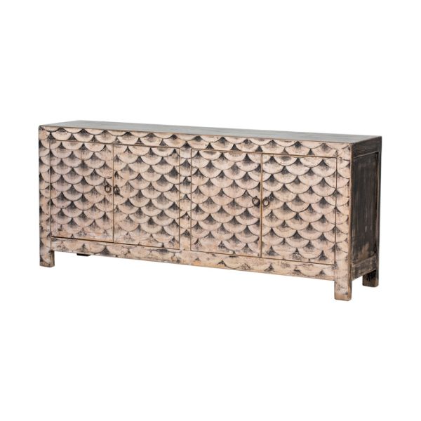 GK720 Aparador de gran tamaño diseño moderno oriental madera negro desgastes y dibujos geométricos