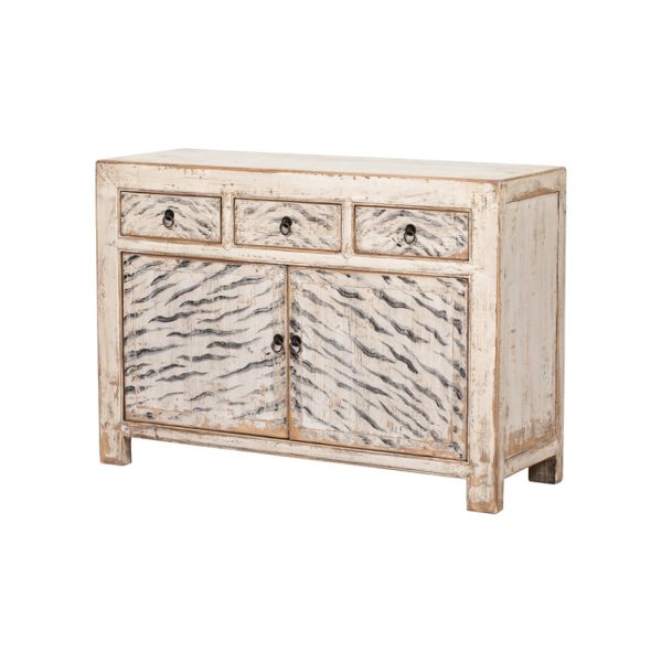 GK721 Aparador diseño oriental madera blanco con desgastes y rayas cebra en las puertas