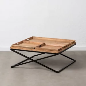 Mesa de centro cuadrada de diseño rústico industrial 85 madera acabado natural y hierro con bandejas