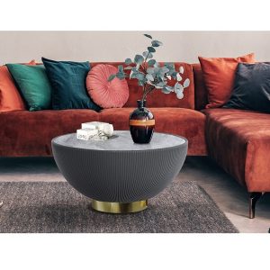 Mesa de centro redonda de diseño Art Decó CANDY Ø71 polipiel color gris metal acabado latón y piedra sinterizada color gris