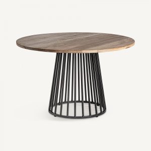 Mesa de comedor redonda de diseño industrial WEYER Ø120 madera de mango acabado natural y hierro color negro 2
