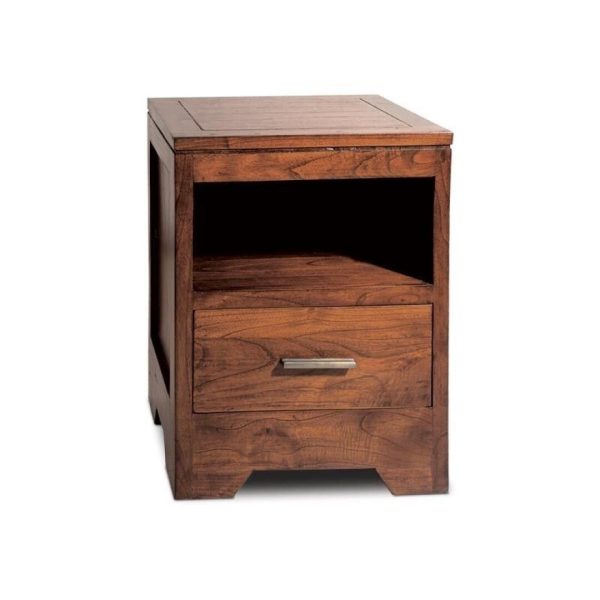 Mesita de noche de diseño rústico colonial BASIC madera de mindi acabado natural con 1 cajón